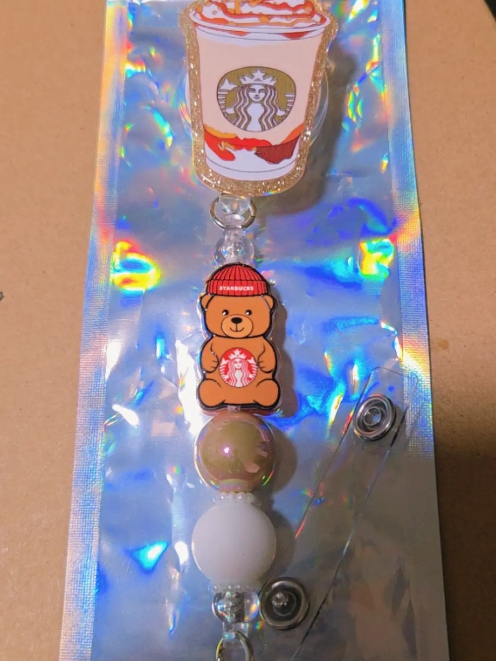 Starbucks-Inspired Kids Beaded Badge Reel - Brown Bear Design